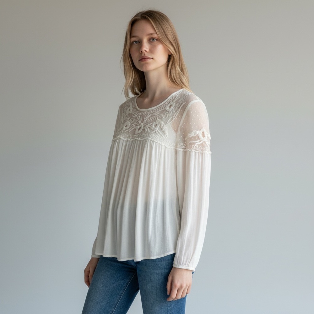 Willow and Clay top sheer mesh boho FP embroidered long sleeve romantic boho